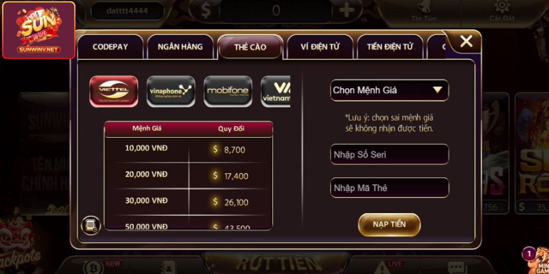 Nạp tiền sunwin qua thẻ cào