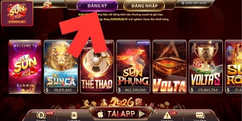 Truy cập Sunwin và nhấn nút “Đăng ký”